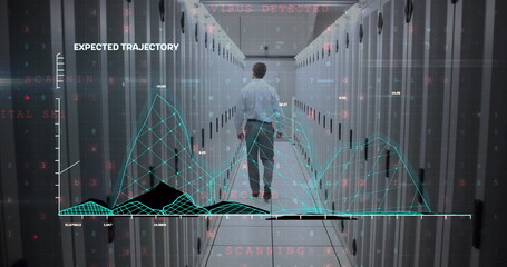 Poster - Image of graphs, texts, letters, numbers, rear view of caucasian man walking in server room