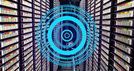 Poster - Image of neon blue round scanner spinning against computer server room