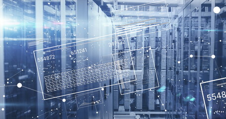 Poster - Image of changing numbers loading bars and squares over server room in background