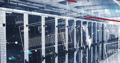 Wall Mural - Image of shapes and data processing over server room