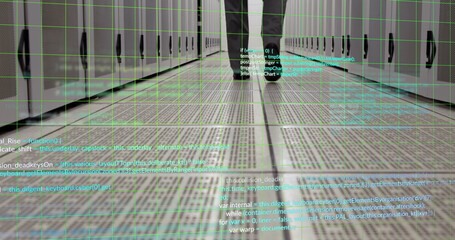 Poster - Image of businessman walking and data processing over server room