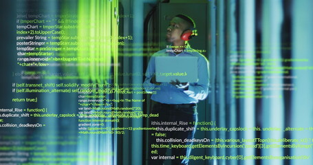 Poster - image of data processing over african american male engineer using laptop at server room