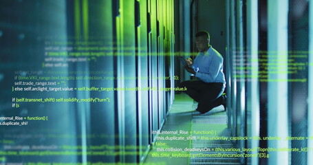 Sticker - Image of data processing over african american male engineer using digital tablet at server room