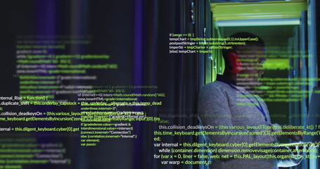 Poster - Image of data processing over african american male engineer using digital tablet at server room