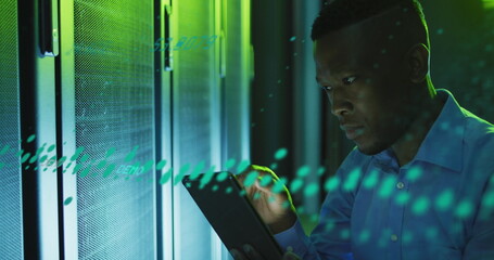 Poster - Image of data processing over african american male engineer using digital tablet at server room