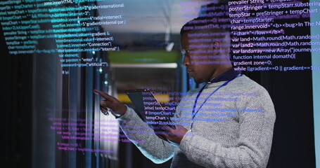 Poster - image of data processing over african american male engineer using digital tablet at server room