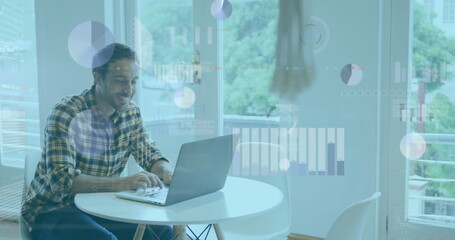 Poster - Image of financial data processing over caucasian businessman in office using laptop
