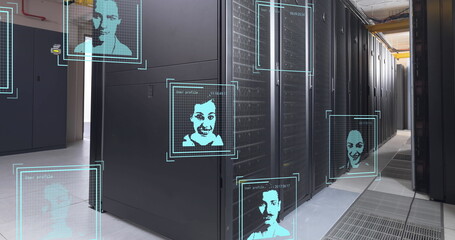 Poster - Image of multiple profile icons against empty computer server room