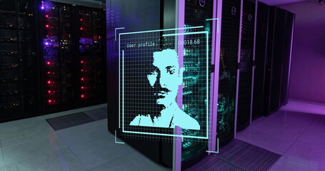 Poster - Image of multiple profile icons against empty computer server room