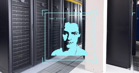 Poster - Image of multiple profile icons against empty computer server room