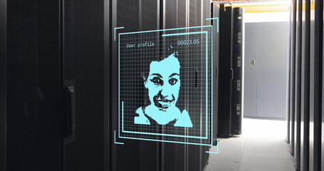 Wall Mural - Image of multiple profile icons against empty computer server room