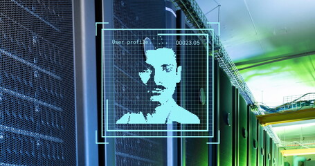 Poster - Image of multiple profile icons against empty computer server room