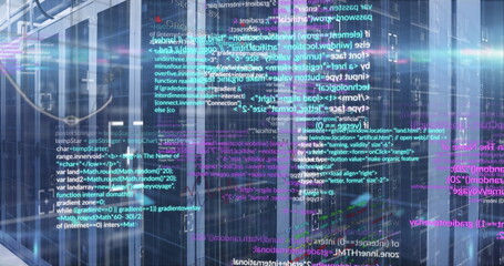 Poster - image of data processing and light spots against empty computer server room