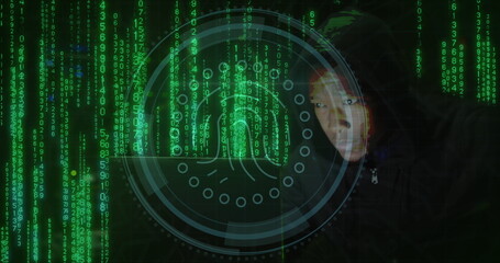 Poster - Image of biometric print and binary coding over african american man using laptop