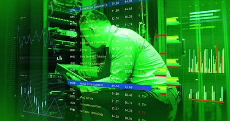 Poster - Image of data processing over caucasian male it technician by computer servers