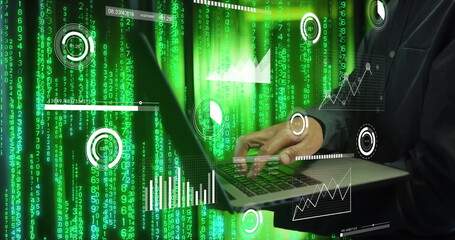 Poster - Image of data processing over african american man using laptop by computer servers