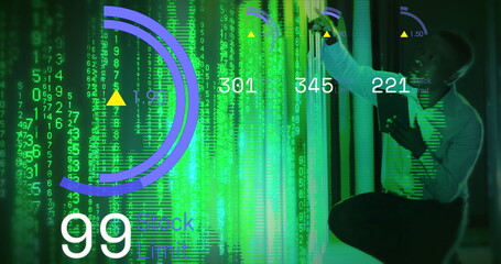 Poster - Image of data processing with african american it technician by computer servers