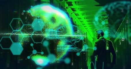 Poster - Image of data processing over caucasian man by computer servers