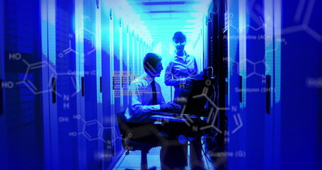 Poster - Image of data processing with diverse it technicians by computer servers