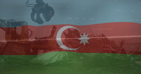 Poster - Image of waving azerbaijan flag against hydraulic lifting machine at junkyard