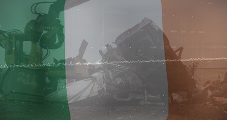Poster - Image of waving ireland flag against hydraulic lifting machine at junkyard