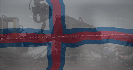 Poster - Image of wavingfaroe islands flag against hydraulic lifting machine at junkyard