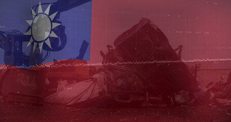 Poster - Image of waving taiwan flag against hydraulic lifting machine at junkyard
