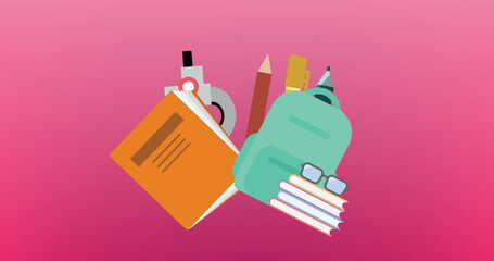 Poster - Image of multiple school concept icons against copy space on pink gradient background