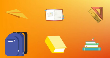 Poster - image of multiple school concept icons against copy space on orange gradient background