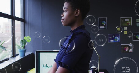 Poster - Image of multiple 5g text banner over african american woman looking out of window at office