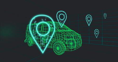 Poster - Image of multiple location pin icons over 3d van model moving in seamless pattern in a tunnel