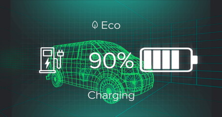 Poster - Image of battery charging interface over 3d van model moving in seamless pattern in a tunnel