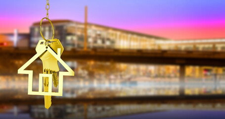 Poster - Image of hanging golden house keys against blurred view of night cityscape with copy space