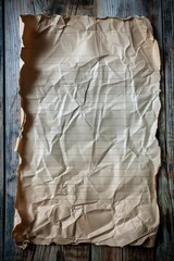 Aufkleber - Crumpled paper on wooden surface with dark wood grain pattern. Used or discarded document texture background. Perfect for creative projects, design inspiration, and artistic expression.