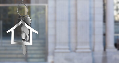 Poster - Image of hanging silver house keys against blurred view of building entrance with copy space