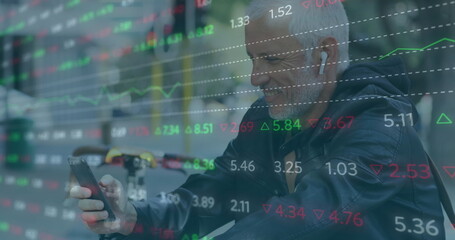 Poster - Image of trading board over senior caucasian man listening to music wearing wireless headphones