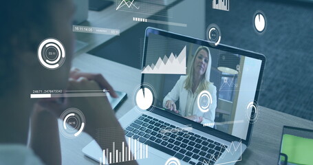 Poster - Image of multiple graphs over diverse female coworkers discussing reports on image call