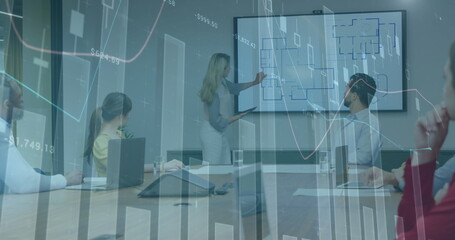 Poster - Image of multiple graphs with changing numbers, diverse coworkers discussing blueprint on screen
