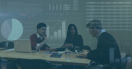 Poster - Image of infographic interface over diverse coworkers discussing reports in office