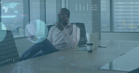 Poster - Image of infographic interface over thoughtful african american man examining reports in office