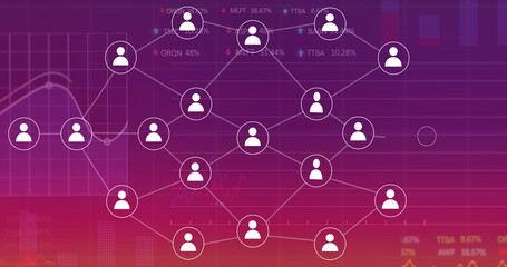 Sticker - Image of flowchart of icons with multiple graphs and trading boards over gradient background