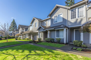 Wall Mural - a photo of grey townhouses with vinyl siding in the pacific northwest, green grass and landscaping, clear blue sky, suburban neighborhood