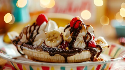 Wall Mural - Banana split with scoops of vanilla ice cream img