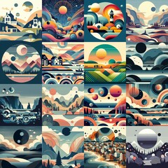 Bauhaus art style geometric landscapes. AI generated illustration