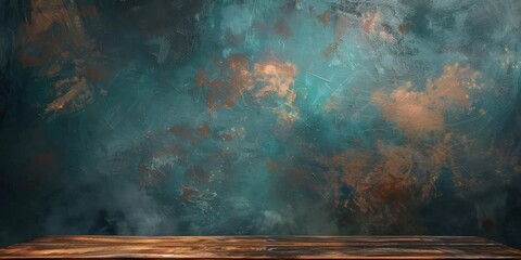 Wall Mural - Rustic Wooden Table Against a Textured Teal Wall