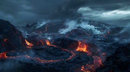 Wall Mural - A volcanic landscape with a smoking crater img