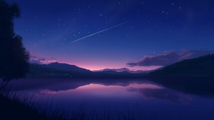 A beautiful night sky with a star trail and a lake in the background. Anime background. Anime sky. Anime wallpaper