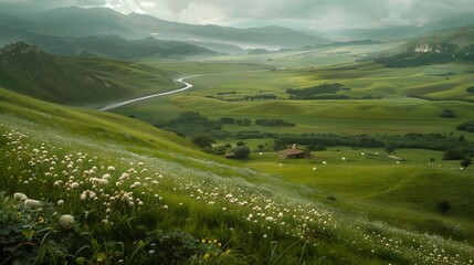 Sticker - A valley with green hills covered img