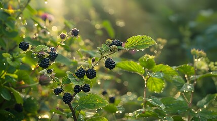 Canvas Print - Blackberries bushes with black berries morning dew sparkle picture