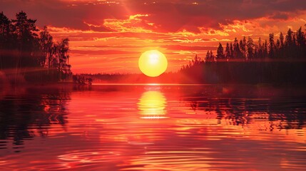 Sticker - Sunset over a forest lake when the sun